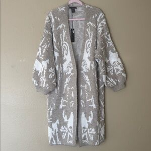Lola B. Lashes Gray & Ivory Puffy Sleeves Duster Boho cabin open Cardigan SIZE-S